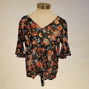 Floral Mesh Sheer Ruffle Sleeve Tie Front Blouse Eden & Olivia Small